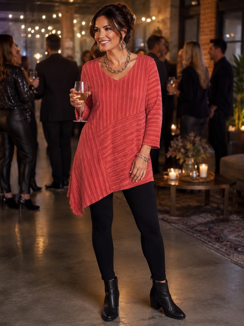 Habitat Asymmetrical Art to Wear Lagenlook Ribbed V‑Neck Tunic in Coral Red L